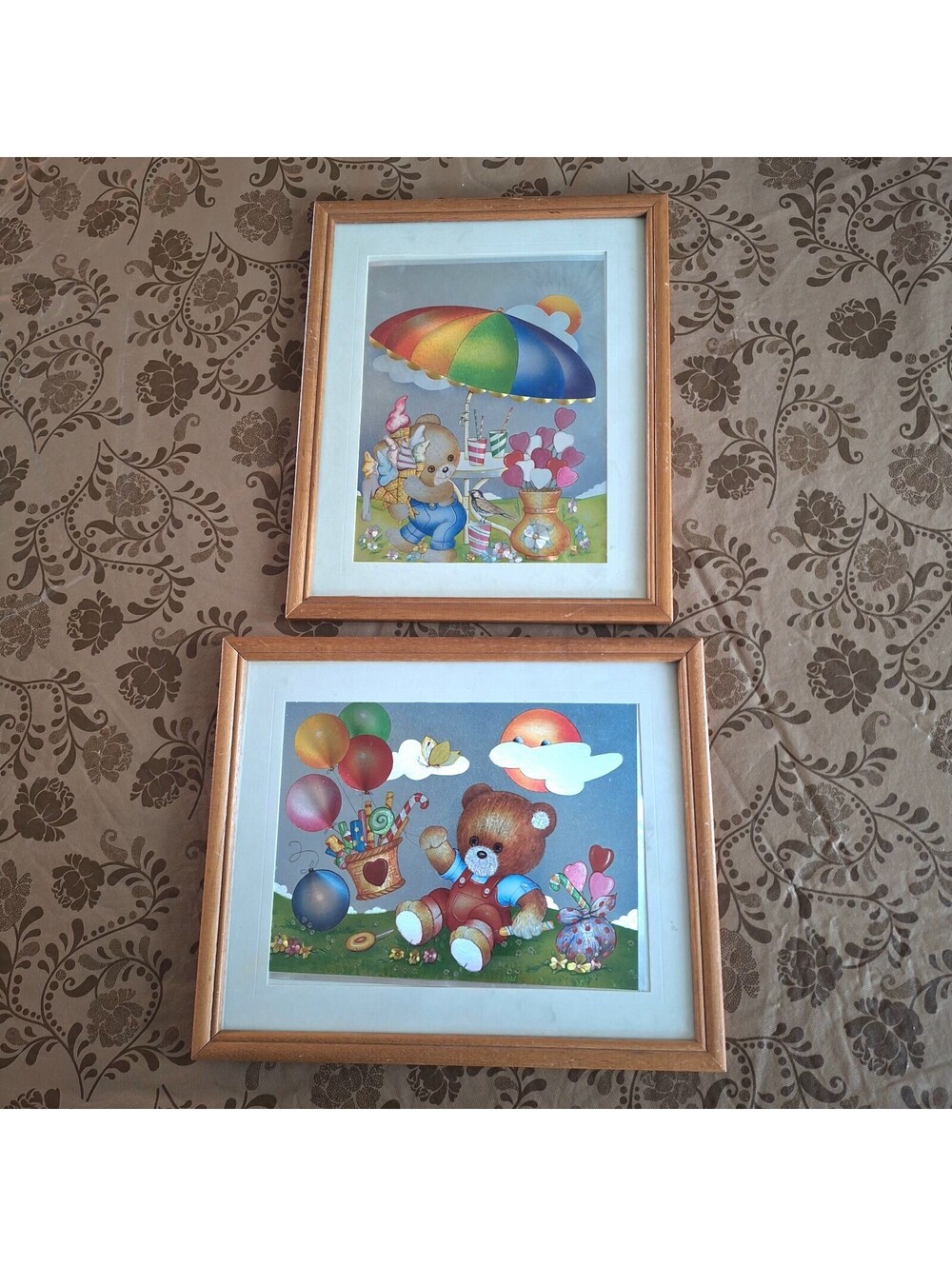 Dufex Prints Vintage Foil Art Teddy Bear Framed 9x11" Prints Set of 2
